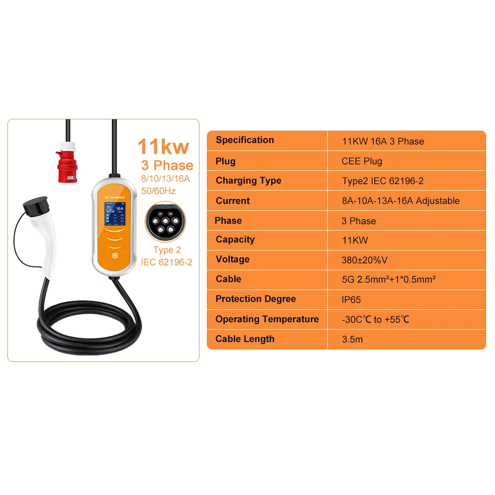 Level 2 Portable EV Charger, 11KW 16A Adjustable - VoltVibeX