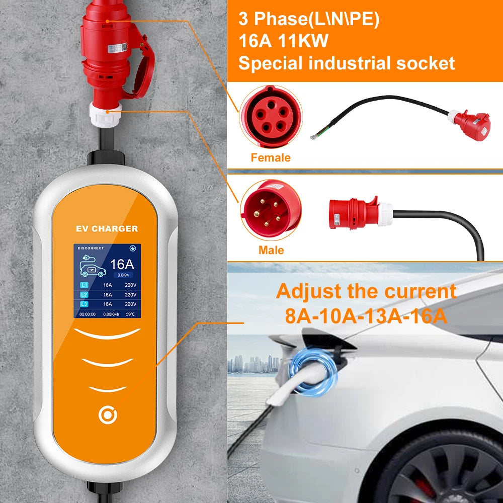 Level 2 Portable EV Charger, 11KW 16A Adjustable - VoltVibeX