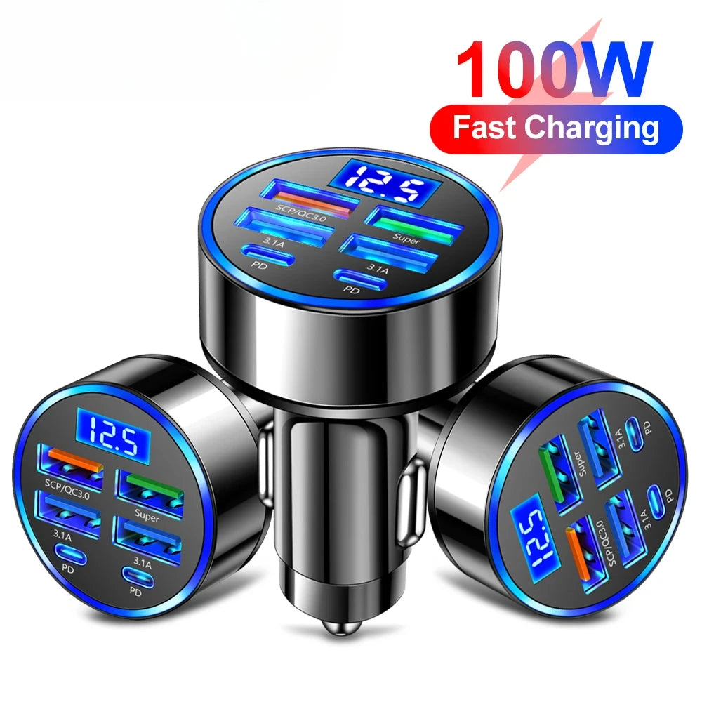 6-in-1 Fast Car Charger With LED Voltage Display - VoltVibeX