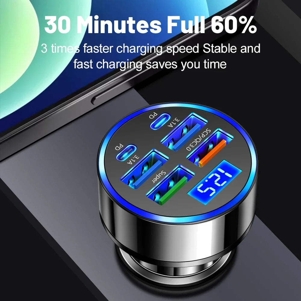 6-in-1 Fast Car Charger With LED Voltage Display - VoltVibeX