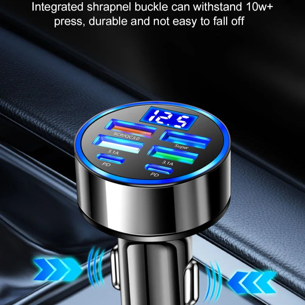 6-in-1 Fast Car Charger With LED Voltage Display - VoltVibeX