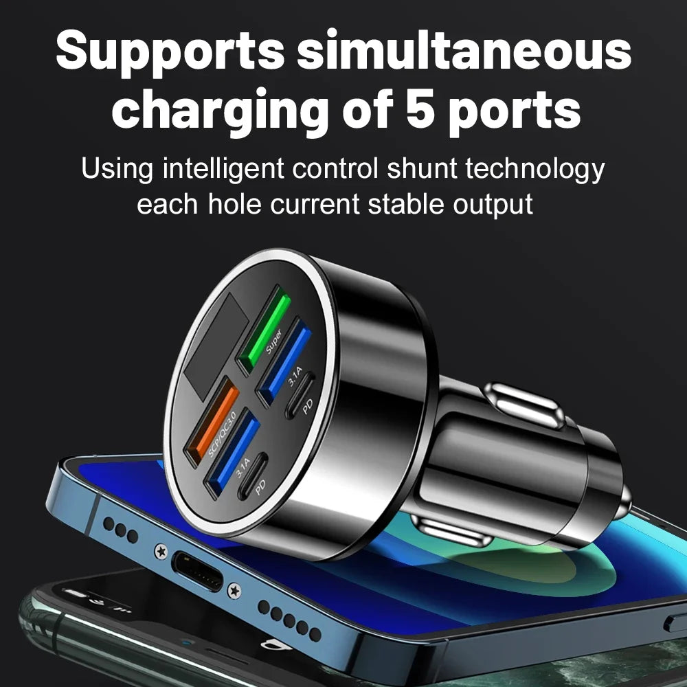 6-in-1 Fast Car Charger With LED Voltage Display - VoltVibeX