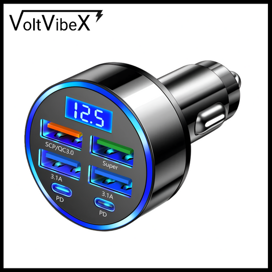 6-in-1 Fast Car Charger With LED Voltage Display - VoltVibeX