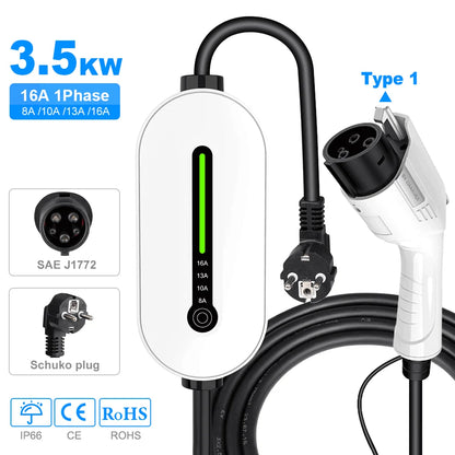 Level 2 Portable EV Charger, 3.5KW 16A Waterproof - VoltVibeX