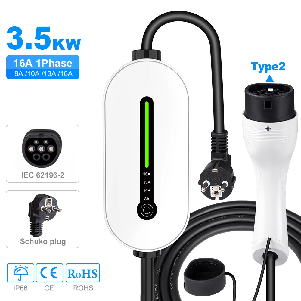 Level 2 Portable EV Charger, 3.5KW 16A Waterproof - VoltVibeX