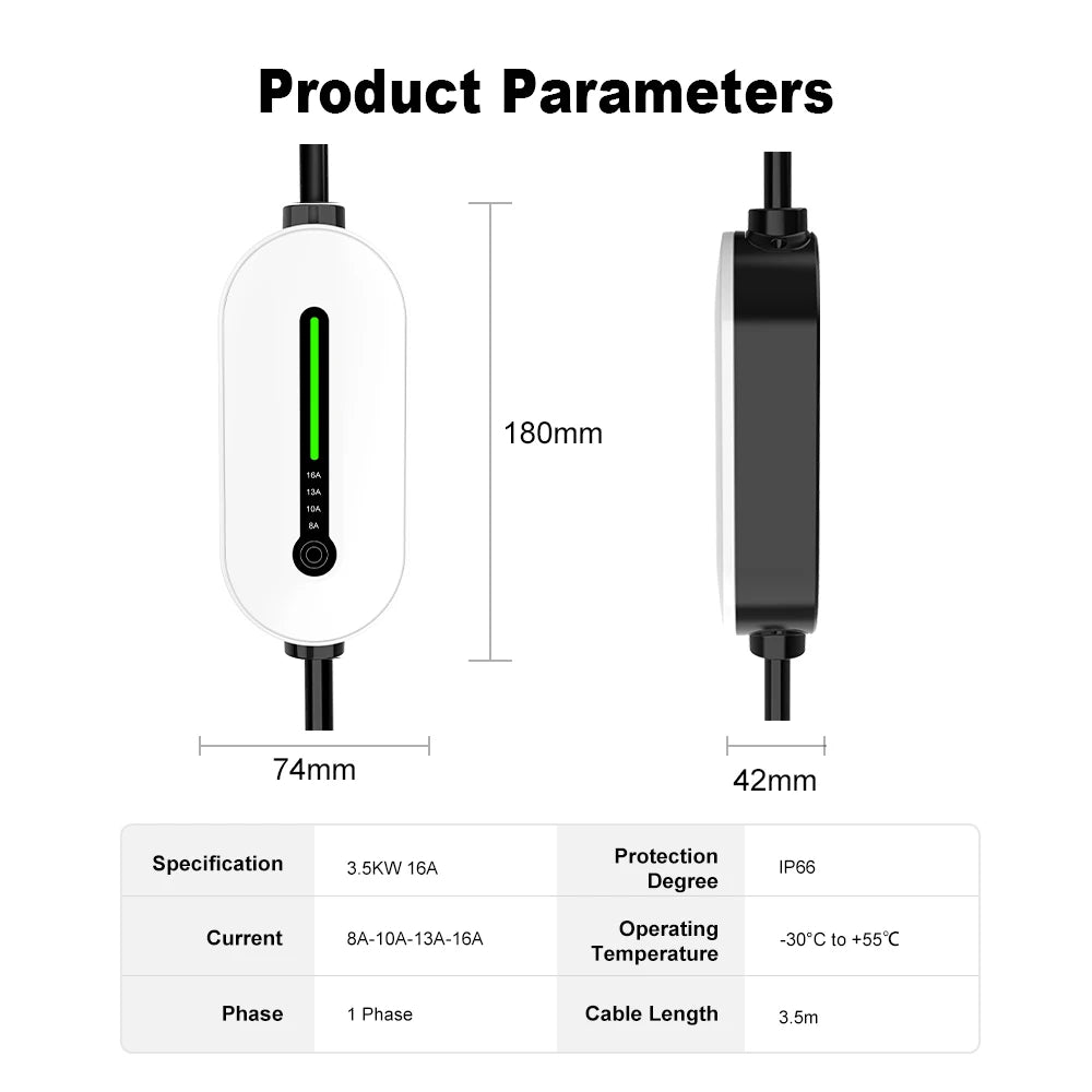 Level 2 Portable EV Charger, 3.5KW 16A Waterproof - VoltVibeX